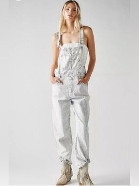 Free people Striped Cotton-Blend Overalls in Light Blue